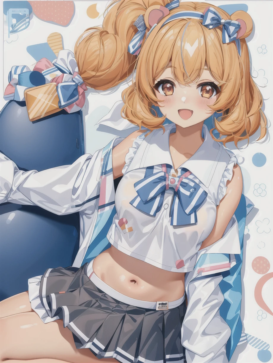 1girl, solo, eimi, hamster girl, small hamster ears, short grey skirt, sleeveless white shirt, (((smiling))), blush, happy, <lora:Eimi-PC_1:1>, short hair, midriff, ((masterpiece))