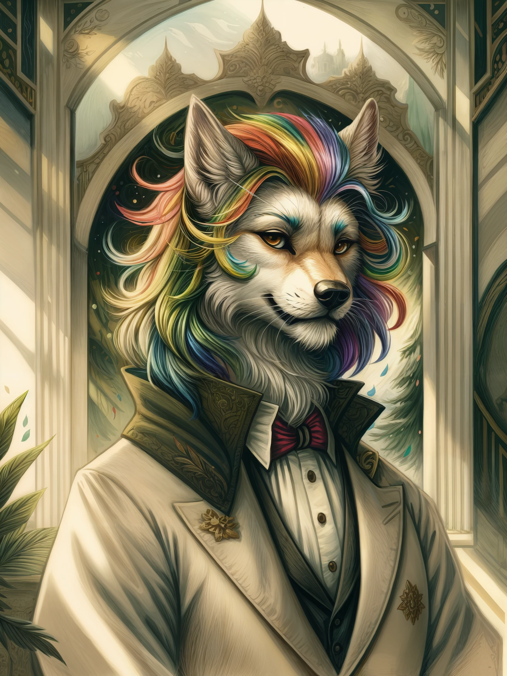 19th century portrait, gentleman canid, rainbow hair, wearing suit, elegant coat, detailed room scenery (best quality), (masterpiece), ultra detailed
