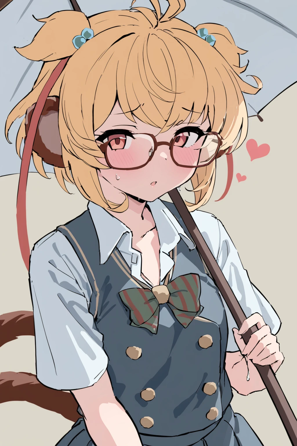 masterpiece, best quality, 1girl, <lora:spgbfAndiraXL:1>andiraaa, monkey tail, school uniform, glasses, collared shirt, blue skirt, green bowtie, red ribbon, diagonal stripes, grey background, heart, striped, upper body, holding, holding umbrella, solo, sweat