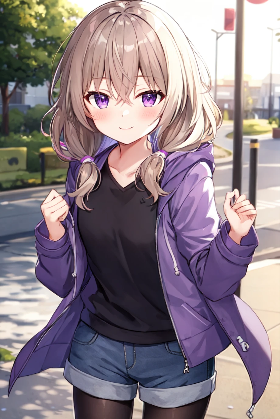 (masterpiece), (best quality:1.2, high quality:1.2, highres), outdoors, solo, solo focus, (upper body), 1girl, yoshinaga koi, medium hair, messy hair, twintails, hair between eyes, light brown hair, purple eyes, smile, purple hood, hood down, black shirt, hooded jacket, multicolored jacket, purple jacket, grey jacket, print jacket, open jacket, denim shorts, short shorts, blue shorts, leggings, black legwear