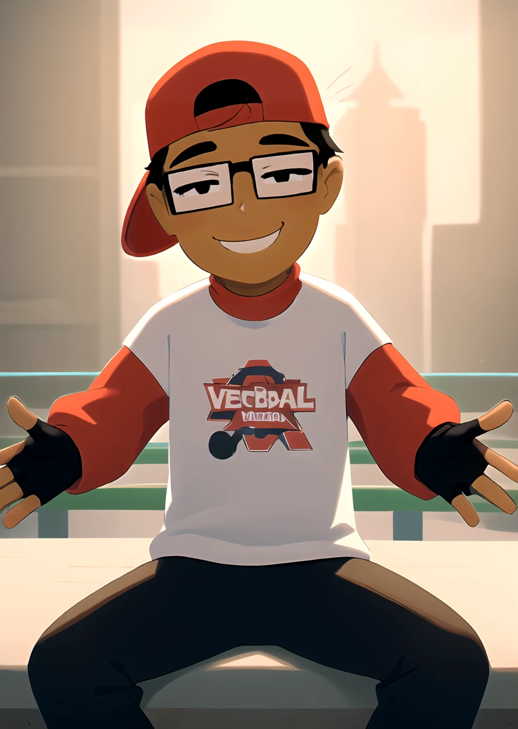 <lora:GoodHands-beta2:1> 1boy, <lora:verbalase-09:0.65> verbalase, male focus, baseball cap, backwards hat, glasses, solo, red sleeves, gloves,
mature male, fingerless gloves, black eyes, sitting, smile, spread arms,
<lora:porforever_e14:0.6> <lora:noline:0.8>