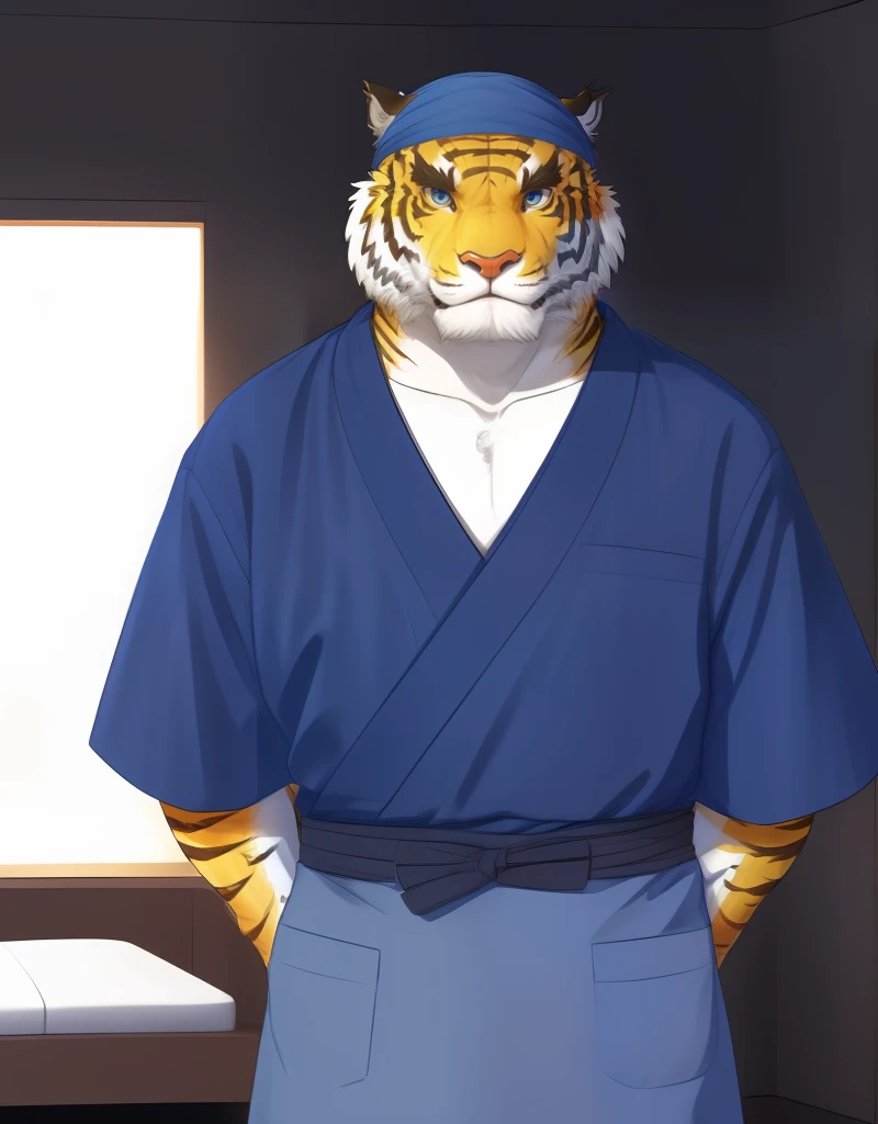 (((detailed eyes, detailed face))), (furry, mototora <lora:character_mototora_findigo_v2:1>, facial hair, tiger, old man), male, (solo), (plump), (blue kimono, blue bandana, headband, hakama), standing, (arms behind back), smile BREAK (konzaburou, ukan_muri, cute), bedroom, (flat shading, [flat color], high brightness), 8k, UHD, masterpiece, (full body)