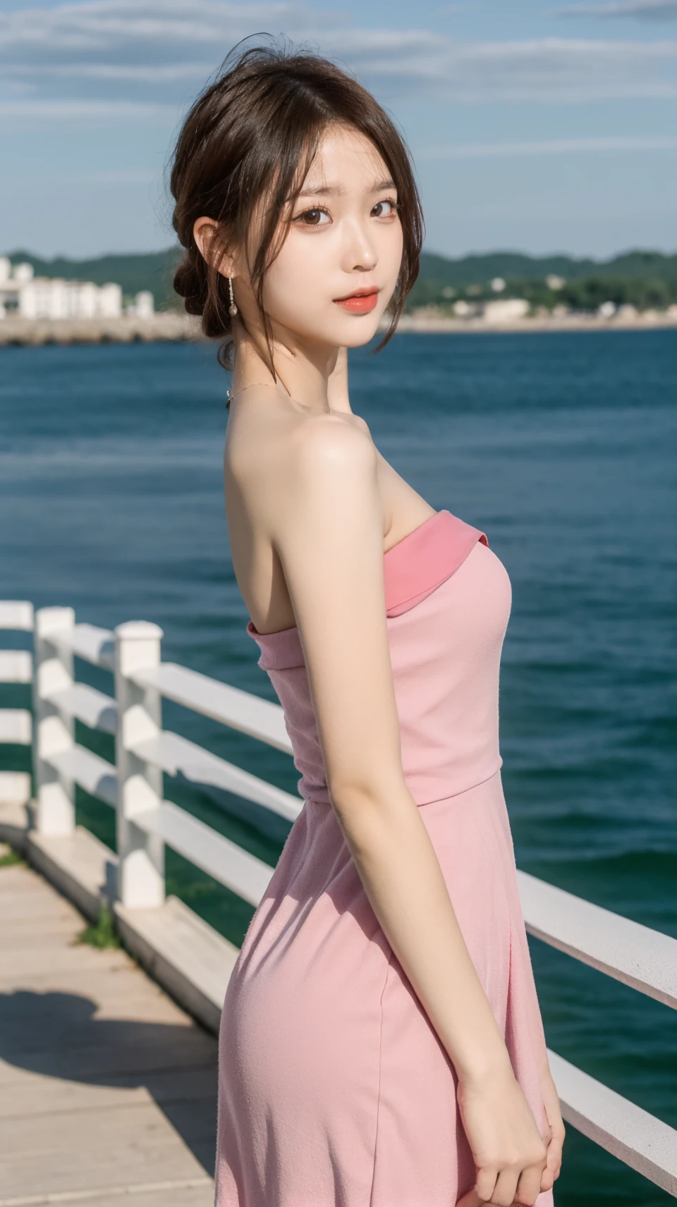 best quality,HDR,UHD,8K,Vivid Colors,solo,front mirror,photo_,(medium),cute & girly,(1girl:1.6),(standing:1.3),(looking at viewer:1.4),(outdoors:1.3),Elegant,detailed gorgeous face,(seaside:1.2),cloudy sky,sunlight,<lora:rc62:0.8>,rc,(green pink dress:1.3),