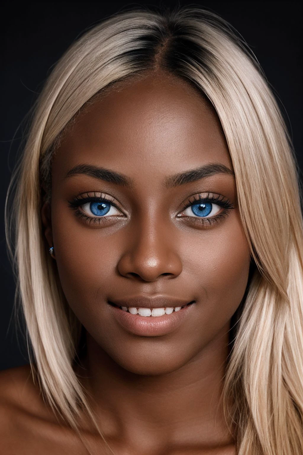 portret photo of a 1girl, light blue large eyes, natural makeup, blond hair,( dark skin:1.2), smiles, (sharp facial features:1.3), simple black background, (rim light:1.2)