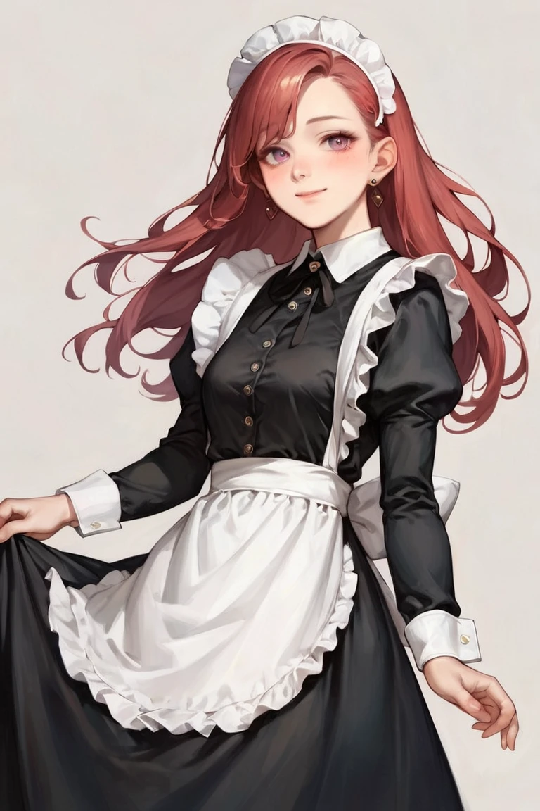 score_9, score_8_up, score_7_up, score_6_up, score_5_up, score_4_up, rating_safe, 1girl, breasts, solo, blush, maid headdress, maid, looking at viewer, smile, grey background, simple background, apron, red hair, long hair, small breasts, closed mouth, pink eyes, long sleeves, earrings, jewelry, maid apron, spot color, dress <lora:Oil Painting Style XL:1>