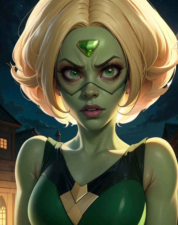 Peridot,green skin:1.1,forehead jewel,green eyes,blonde hair,diamond \(shape\) hair,
leotard,head shades.,sleeveless,
serious,
standing,upper body,
neech,night,
(insanely detailed, beautiful detailed face,masterpiece, best quality),solo,<lora:Peridot-10SSv9:0.8>,