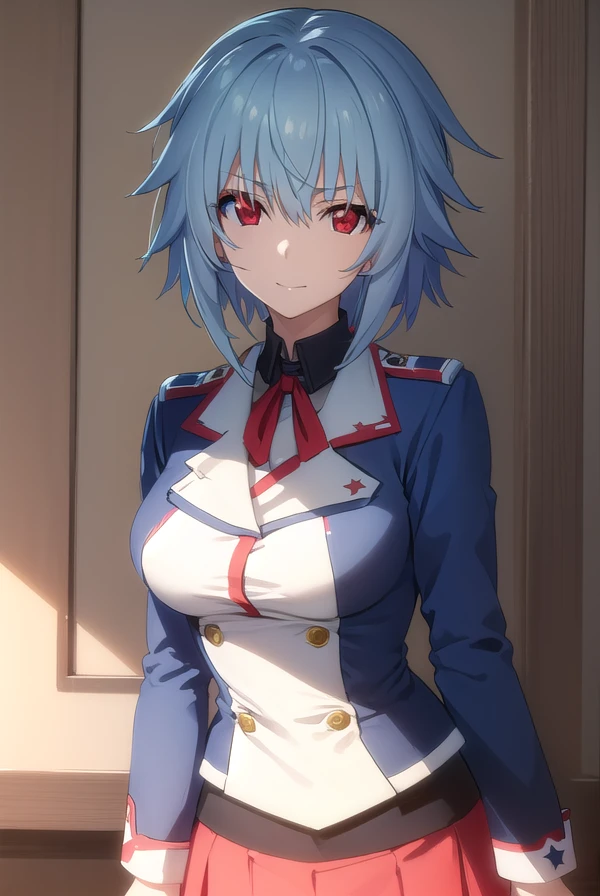 tatenashisarashiki, <lora:tatenashi sarashiki s2-lora-nochekaiser:1>,
tatenashi sarashiki, short hair, blue hair, (red eyes:1.3), smile, grin,
BREAK school uniform, ribbon, blue ribbon, long sleeves, (red trim:1.2), uniform, military uniform, (white military uniform:1.5),
BREAK indoors, classroom,
BREAK looking at viewer, (cowboy shot:1.5),
BREAK <lyco:GoodHands-beta2:1>, (masterpiece:1.2), best quality, high resolution, unity 8k wallpaper, (illustration:0.8), (beautiful detailed eyes:1.6), extremely detailed face, perfect lighting, extremely detailed CG, (perfect hands, perfect anatomy),