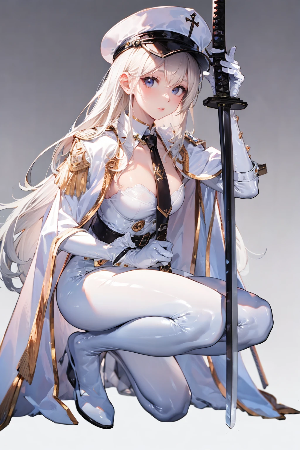 1girl,solo,<lora:GoodHands-beta2:1>,medium breasts,(thigh gap:1.2),(full body:1.3),<lora:0111 white leather inquisitor_v1:1>,ruanyi0111,belt,white bodysuit,thigh boots,white gloves,katana,white cloak,sheathed,squatting,necktie,, (masterpiece, best quality, hires, high quality, by professional artist, ultra detailed, extremely detailed, absurdres, incredibly resolution:1.2), good hands, perfect hands,