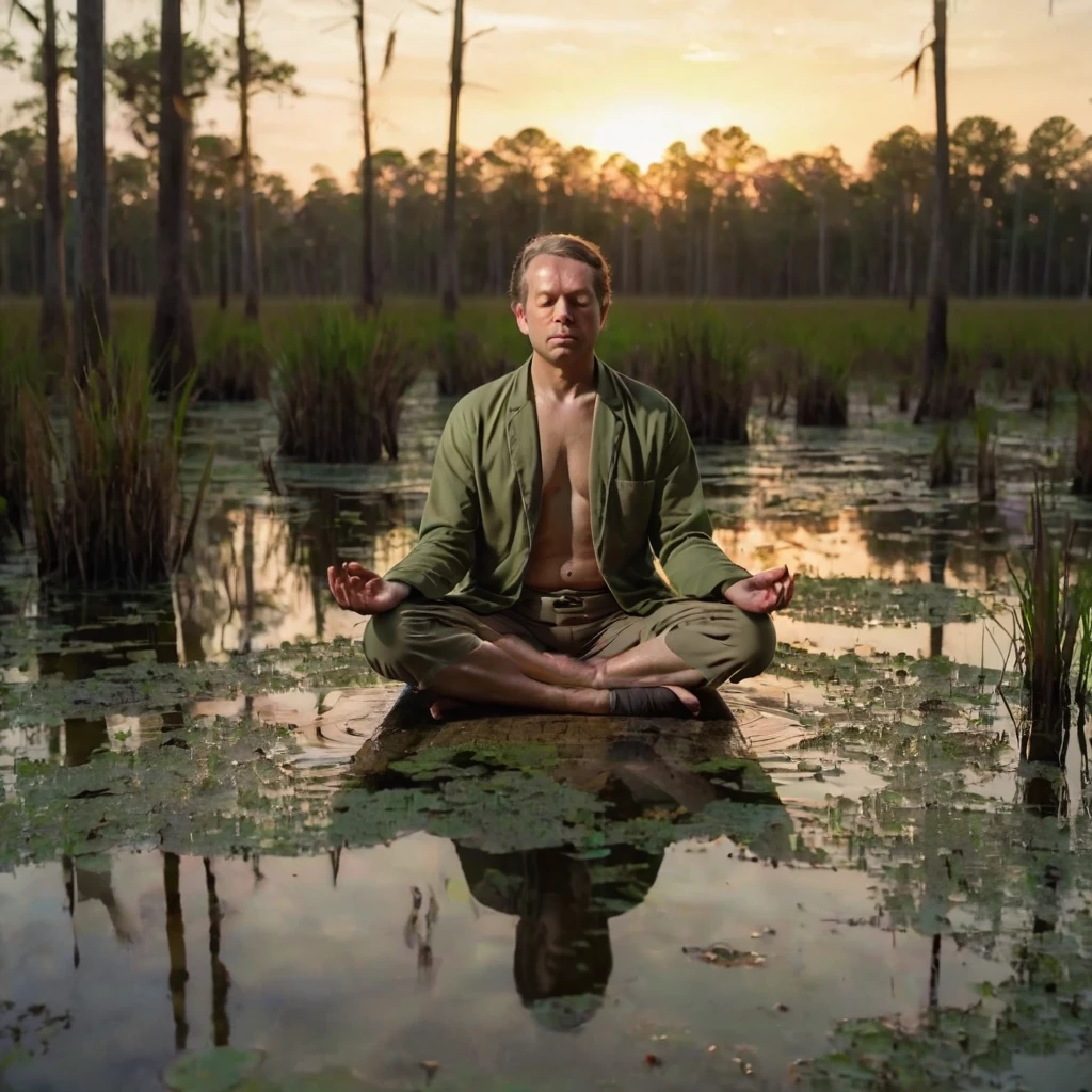 number-six, man meditating in the swamp at sunset