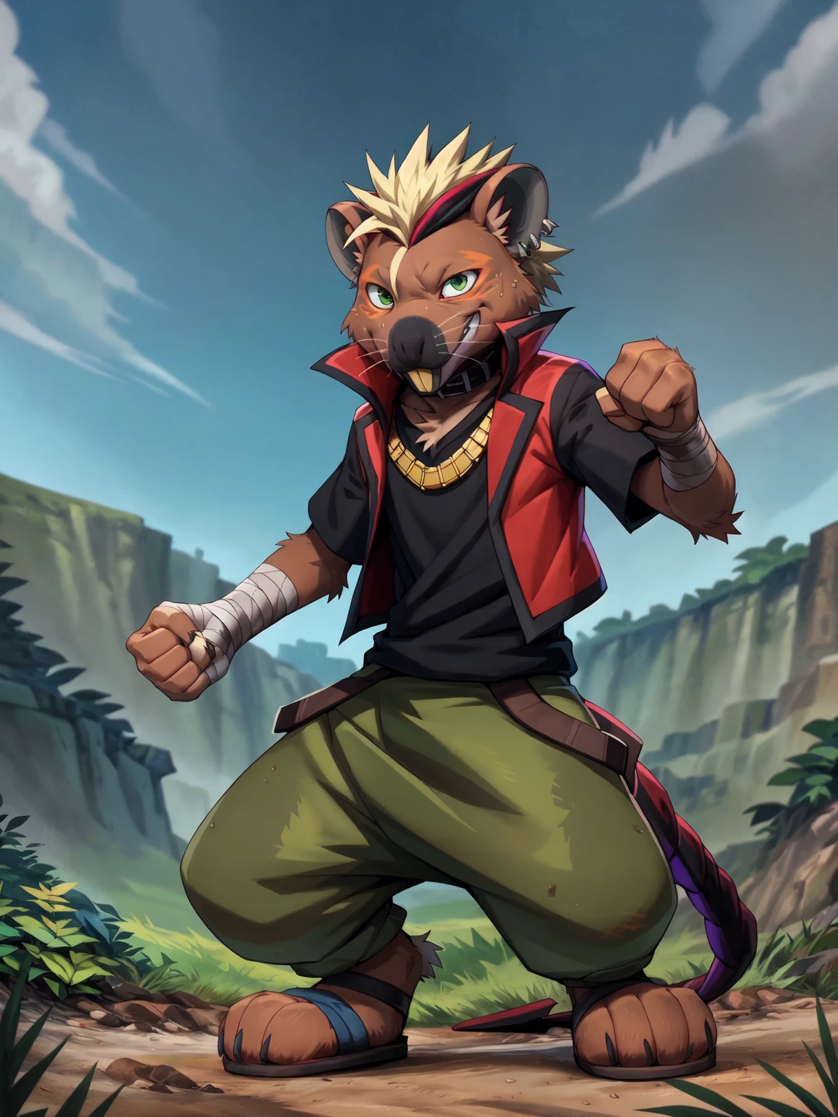 <lora:batetemodav9_YM:0.8> ,solo,male,batetemoda,ready to fight, spread arms, fist, excited,smile, detailed fur,green eyes,buckteeth, (segmented tail),red vest,black shirt,sandals,gold chain,buckle collar,green bottomwear, hi res,ultradetailed, insanely detailed,ultra realism shading,cinematic lighting, grass, dirt,rain,dirty,beat up, scuff marks,bandages,arm wraps, specular lighting,global illumination, symmetrical, by chung0 0, by null-ghost, by littleblackalas, by [bakemonoy|darkgem|mystikfox61|nurinaki], by Enki Bilal, Michael & Inessa Garmash, Ruan Jia, Pino Daeni, by ruan jia, by wolfy-nail, by zackary911, by xnirox, by anhes, by lando, by yamatokuroko965, by k0bit0wani, by lynncore, by redraptor16, by red-izak, by darkgem