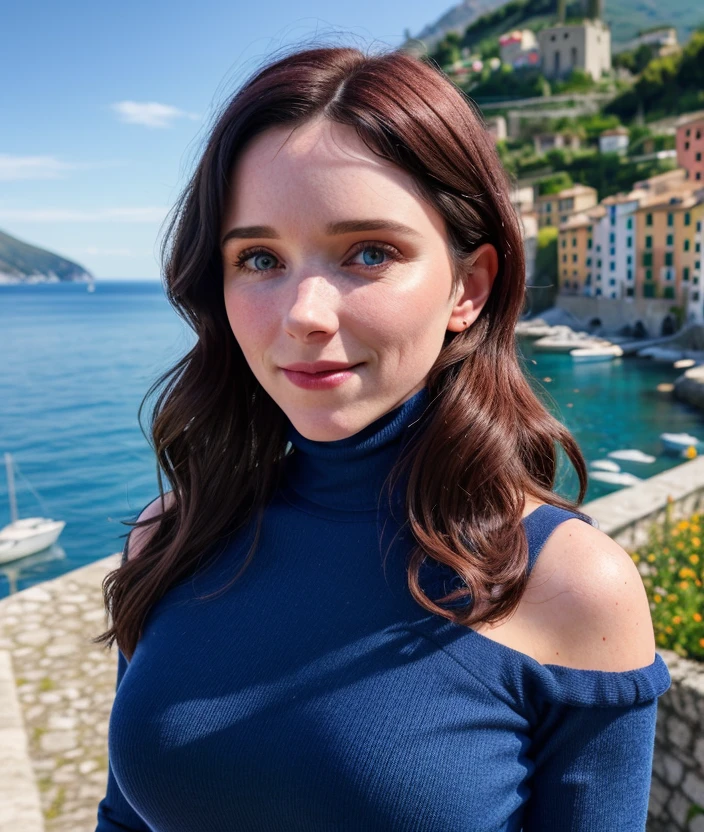 girl, Nature, outdoor, bloom, spring, spectacular light, porto venere Italy, breast, detailed eyes, seductive pose , smile,  Covered dress, covered shoulders, Turtleneck red and blu, ((close portrait photo))