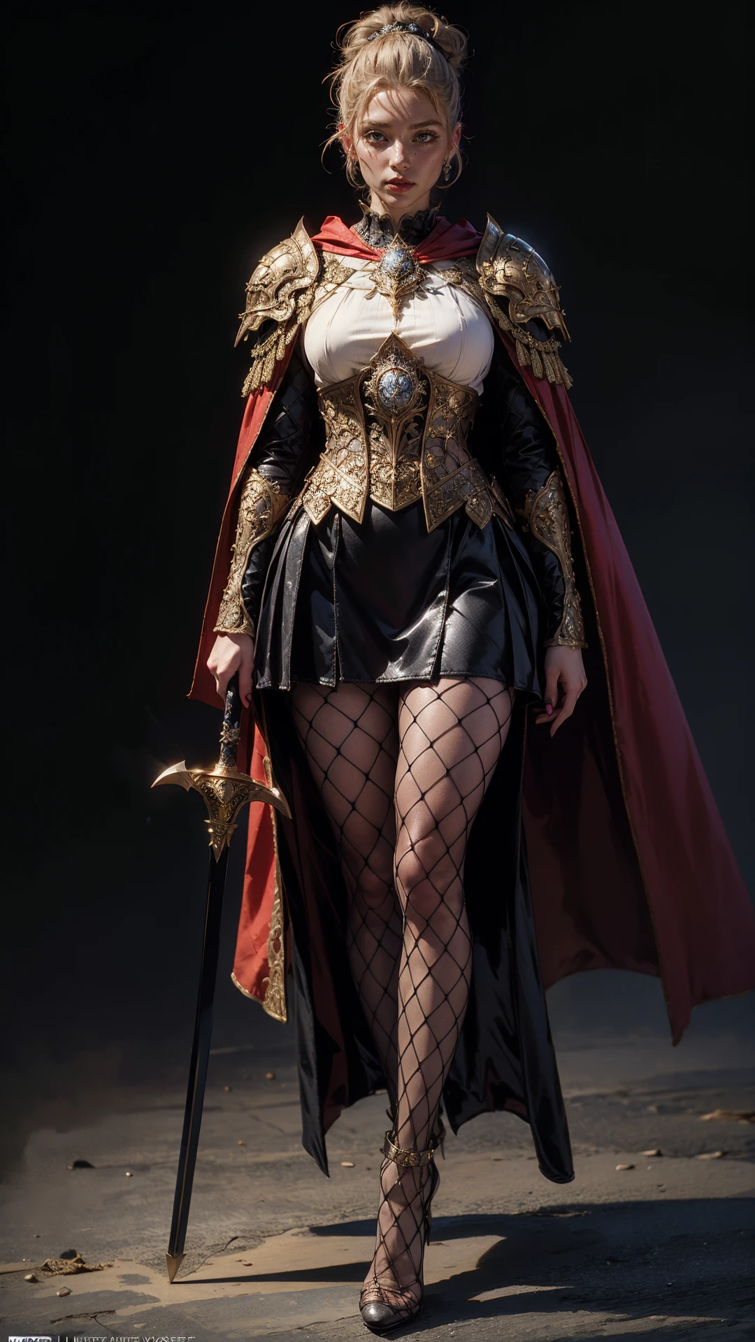 (tutututu),fishnet pantyhose,<lora:merged_0002:1>,(high heels:1.3),
serious look pressed lips, (black updo:1.2), (black steel armor:1.1) and robes (cape:1.2) royalty ornate (embroidery:0.5) with sword, skinny (Gorget Plackart pauldron :1.3), (masterpiece:1.2) (illustration:1.1) (best quality:1.2) (detailed) (intricate) (8k) (HDR) (wallpaper) (cinematic lighting) (sharp focus)