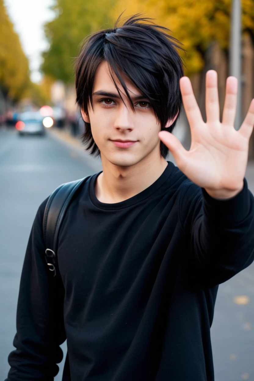 street photography of a young adult man, emo, very detailed, waving, (perfectly-lit, crisp focus, absurdres, 8k UHD, HDR, vivid color, depth of field, contrast, clarity, balance)
