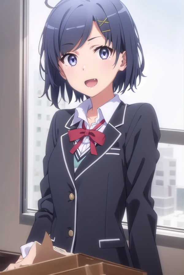 komachihikigaya, <lora:komachi hikigaya s2s3-lora-nochekaiser:1>,
komachi hikigaya, short hair, black hair, hair ornament, ahoge, hairclip, x hair ornament, (purple eyes:1.1), fang, smile, open mouth,
BREAK skirt, ribbon, school uniform, jacket, black jacket, plaid, plaid skirt, blazer, sobu high school uniform,
BREAK indoors, classroom,
BREAK looking at viewer,
BREAK <lyco:GoodHands-beta2:1>, (masterpiece:1.2), best quality, high resolution, unity 8k wallpaper, (illustration:0.8), (beautiful detailed eyes:1.6), extremely detailed face, perfect lighting, extremely detailed CG, (perfect hands, perfect anatomy),