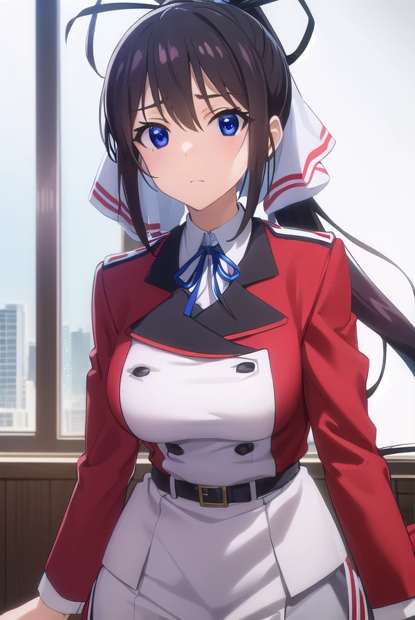 houkishinonono, <lora:houki shinonono s2-lora-nochekaiser:1>,
houki shinonono, long hair, blue eyes, black hair, ribbon, hair ribbon, ponytail,
BREAK school uniform, ribbon, blue ribbon, long sleeves, (red trim:1.2), uniform, military uniform, (white military uniform:1.5),
BREAK indoors, classroom,
BREAK looking at viewer, (cowboy shot:1.5),
BREAK <lyco:GoodHands-beta2:1>, (masterpiece:1.2), best quality, high resolution, unity 8k wallpaper, (illustration:0.8), (beautiful detailed eyes:1.6), extremely detailed face, perfect lighting, extremely detailed CG, (perfect hands, perfect anatomy),