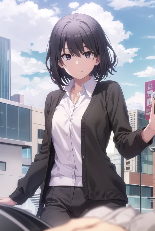 harunoyukinoshita, <lora:haruno yukinoshita s2s3-lora-nochekaiser:1>,
haruno yukinoshita, short hair, hair between eyes, (black eyes:1.5), black hair, gradient hair, two-tone hair, purple hair, smile,
BREAK shirt, white shirt, collared shirt, cardigan, black cardigan,
BREAK outdoors, city, sky, sun, people, crowd, buildings, clouds,
BREAK looking at viewer,
BREAK <lyco:GoodHands-beta2:1>, (masterpiece:1.2), best quality, high resolution, unity 8k wallpaper, (illustration:0.8), (beautiful detailed eyes:1.6), extremely detailed face, perfect lighting, extremely detailed CG, (perfect hands, perfect anatomy),