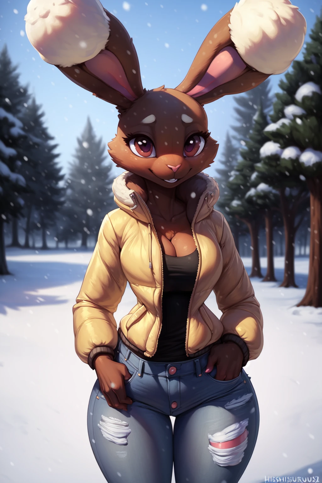 uploaded on e621, explicit content, 3d:0.4, cutesexyrobutts, hioshiru, (cooliehigh:0.5), female, buneary, park setting, closeup, three-quarter portrait, (puffy snow jacket, jeans:1.2), winter, snowing, snow, petite figure, clothed, clothing
<lora:Buneary:1>