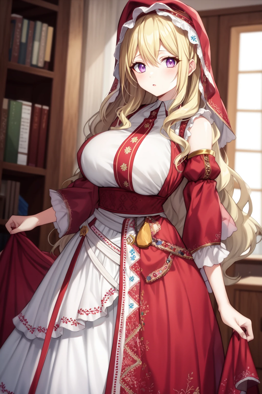 slavic dress, large breasts, tall female, purple eyes, long hair, wavy hair, blonde hair, cowlick