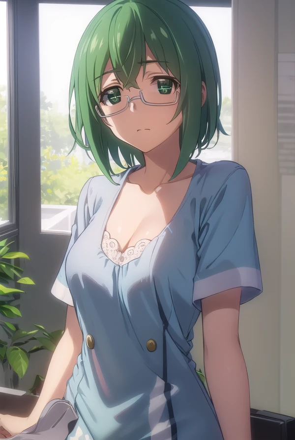 mayayamada, <lora:maya yamada s2-lora-nochekaiser:1>,
maya yamada, short hair, (green eyes:1.3), green hair, glasses, semi-rimless eyewear, under-rim eyewear,
BREAK dress, cleavage, yellow dress, short sleeves, collarbone,
BREAK indoors, classroom,
BREAK looking at viewer, (cowboy shot:1.5),
BREAK <lyco:GoodHands-beta2:1>, (masterpiece:1.2), best quality, high resolution, unity 8k wallpaper, (illustration:0.8), (beautiful detailed eyes:1.6), extremely detailed face, perfect lighting, extremely detailed CG, (perfect hands, perfect anatomy),