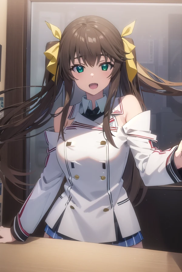 lingyinhuang, <lora:lingyin huang s2-lora-nochekaiser:1>,
lingyin huang, long hair, brown hair, ribbon, twintails, (green eyes:1.3), hair ribbon, fang, smile, open mouth,
BREAK bare shoulders, detached sleeves, school uniform, ribbon, blue ribbon, (red trim:1.2), uniform, military uniform, (white military uniform:1.5),
BREAK indoors, classroom,
BREAK looking at viewer, (cowboy shot:1.5),
BREAK <lyco:GoodHands-beta2:1>, (masterpiece:1.2), best quality, high resolution, unity 8k wallpaper, (illustration:0.8), (beautiful detailed eyes:1.6), extremely detailed face, perfect lighting, extremely detailed CG, (perfect hands, perfect anatomy),