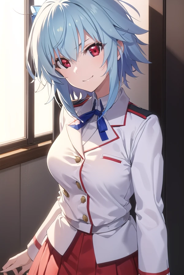 tatenashisarashiki, <lora:tatenashi sarashiki s2-lora-nochekaiser:1>,
tatenashi sarashiki, short hair, blue hair, (red eyes:1.3), smile, grin,
BREAK school uniform, ribbon, blue ribbon, long sleeves, (red trim:1.2), uniform, military uniform, (white military uniform:1.5),
BREAK indoors, classroom,
BREAK looking at viewer, (cowboy shot:1.5),
BREAK <lyco:GoodHands-beta2:1>, (masterpiece:1.2), best quality, high resolution, unity 8k wallpaper, (illustration:0.8), (beautiful detailed eyes:1.6), extremely detailed face, perfect lighting, extremely detailed CG, (perfect hands, perfect anatomy),