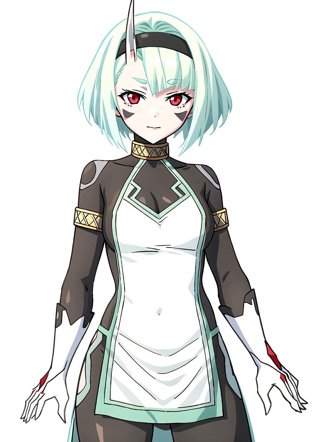 Koko Zenibako, dress, black skin color, 1girl, solo, short hair, looking at viewer, red eyes, green hair, facial mark, hairband, single horn, breasts, aqua hair, <lora:Koko Zenibako20r61r61rcorrected-000006:0.6>