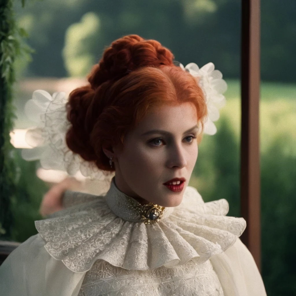 cinematic film still of <lora:Lucy Westenra:1>
Lucy Westenra a medium shot of a woman with a white White Victorian Ruffle Collar dress and a red hair staring at someone with perfect dramatic light shadow on Kodak Eastman EXR 50D 5245, EXR 500T 5296 Cinematic Film, shallow depth of field, vignette, highly detailed, high budget, bokeh, cinemascope, moody, epic, gorgeous, film grain, grainy