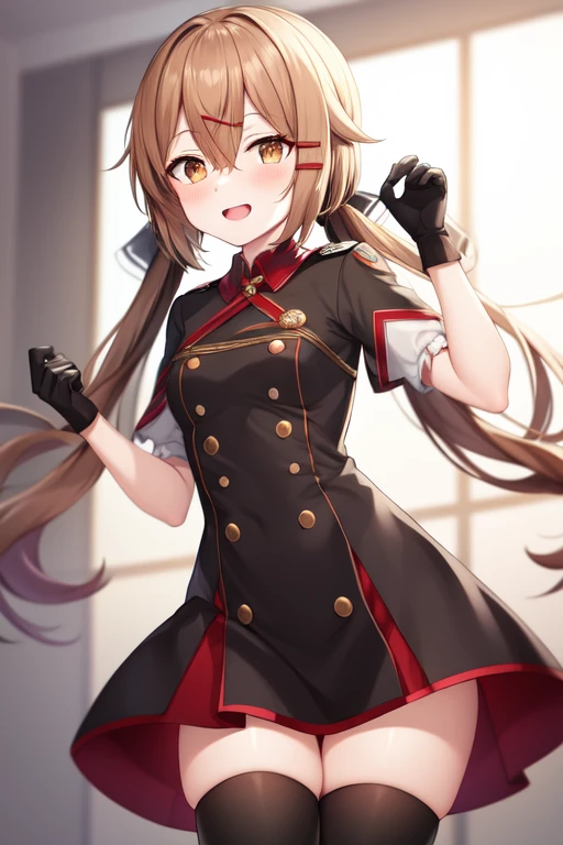 russian dress, black gloves, hair between eyes, thighhighs, brown hair, hair ornament, open mouth, bow, brown eyes, twintails, shirt