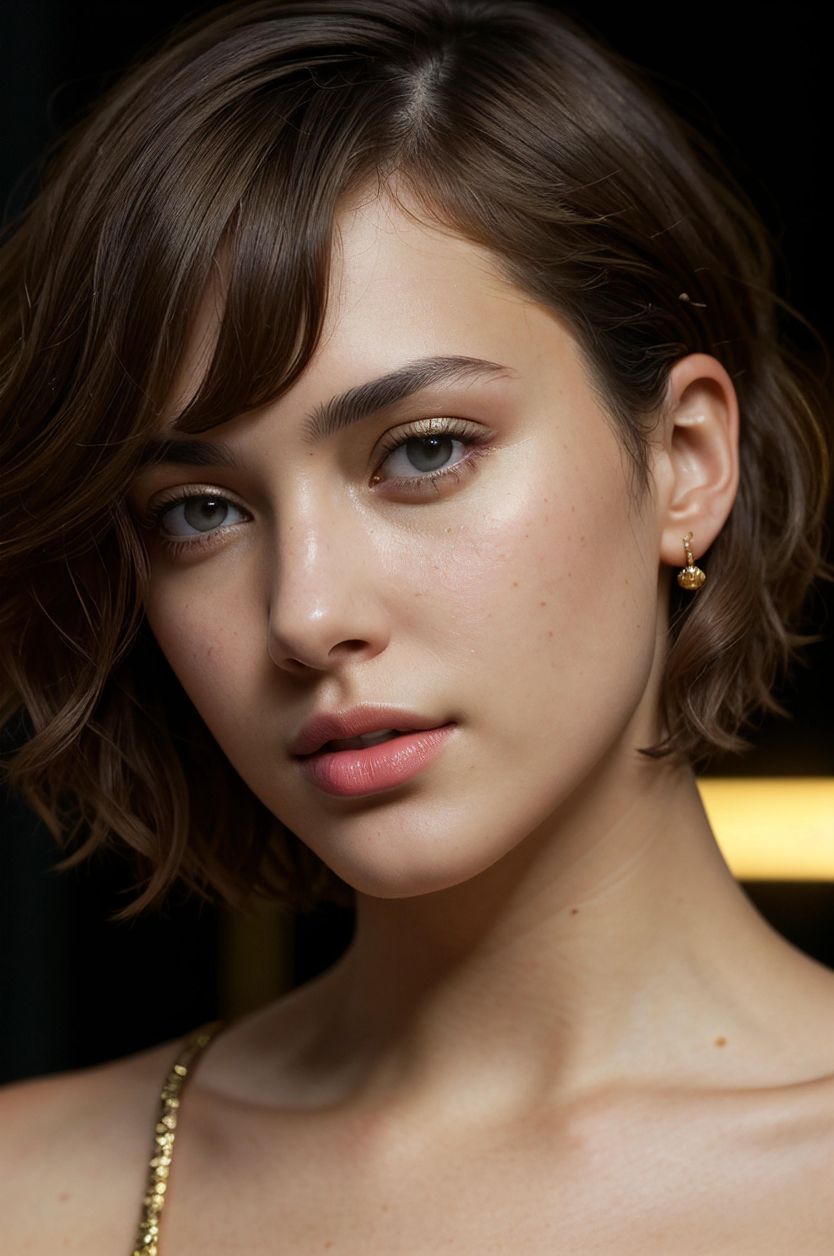 [face closeup], looking at the camera, beautiful woman, (golden skin), brunette hair, short hair, [curly bob cut], dark theme, [detailed skin], empty background, [4k], [full hd], [posing], [sharp image], [high quality], [detailed], [dramatic lighting], [dslr], [professional photographer]