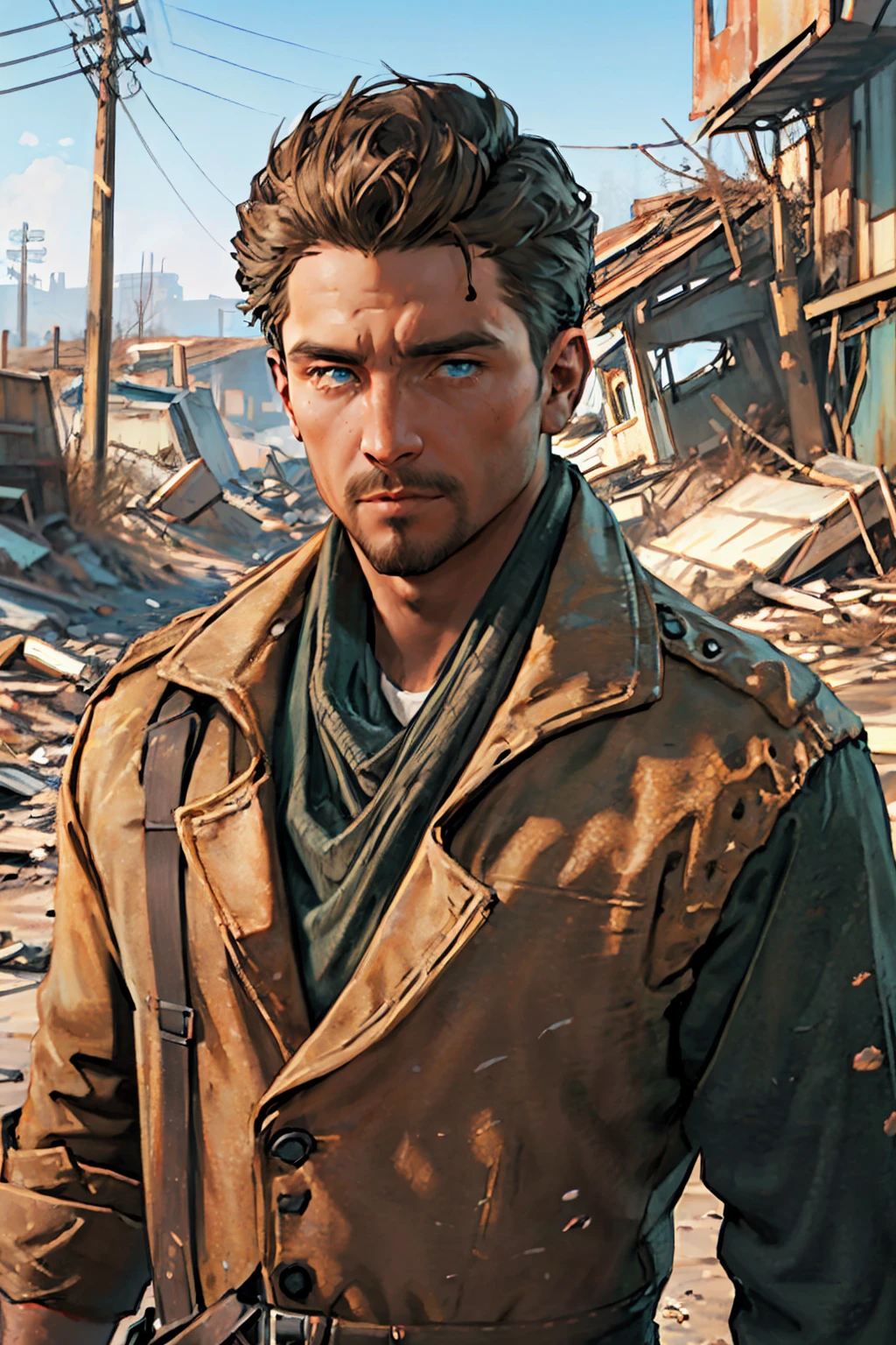 Robert MacCready,  blue eyes,  light brown hair,  facial hair,  tan duster coat,  ammo pouches,  long-sleeved,  white undershirt,  military green scarf,  military green pants,  fit body,  handsome,  charming,  alluring,  dashing,  intense gaze,  (standing),  (upper body in frame),  ruined overhead interstate,  Fallout 4 location,  post-apocalyptic ruins,  desolated landscape,  dark blue sky,  polarising filter,  perfect light,  only1 image,  perfect anatomy,  perfect proportions,  perfect perspective,  8k,  HQ,  (best quality:1.5,  hyperrealistic:1.5,  photorealistic:1.4,  madly detailed CG unity 8k wallpaper:1.5,  masterpiece:1.3,  madly detailed photo:1.2),  (hyper-realistic lifelike texture:1.4,  realistic eyes:1.2),  picture-perfect face,  perfect eye pupil,  detailed eyes,  realistic,  HD,  UHD,  (front view:1.2),  portrait,  looking outside frame, <lora:EMS-263369-EMS:0.5>, <lora:EMS-498-EMS:0.1>