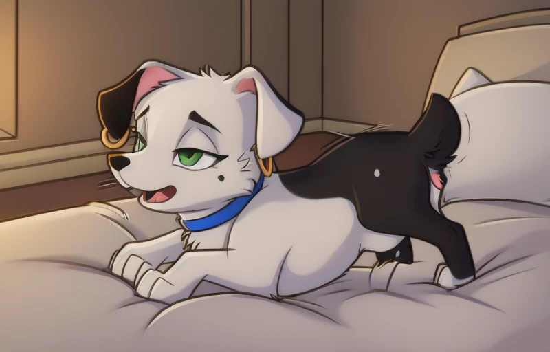 solo, (female feral), dog, (right ear earring:1.2, black ears, floppy ears), blue collar, Two-Tone, cheek spot, pudgy, (black butt, black rear legs, short black tail):1.2, green eyes, feral, open mouth, sitting, bedroom eyes, reclined, legs spread, (canine pussy:1.4), <lora:Two-Tone_-_101DS:1>
BREAK, (4 toes, digitigrade, anatomically correct), (half closed eyes, moaning, panting, huffing, motion lines),
BREAK, (detailed bedroom background), (on bed), <lora:Yiffy_Assist_Recommended_Strength_0.1-0.8 :0.2>