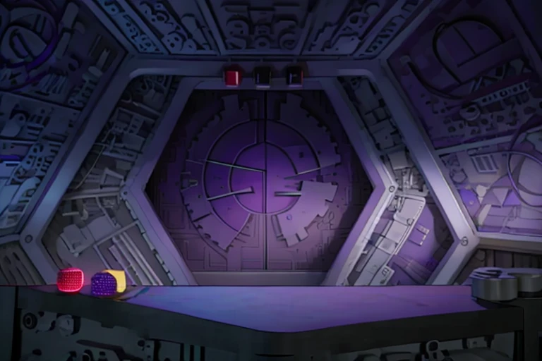 RAW photo of a space station bridge <lora:SOL_Bridge:1> with a table in front of a door with a G on it, purple and blue lighting