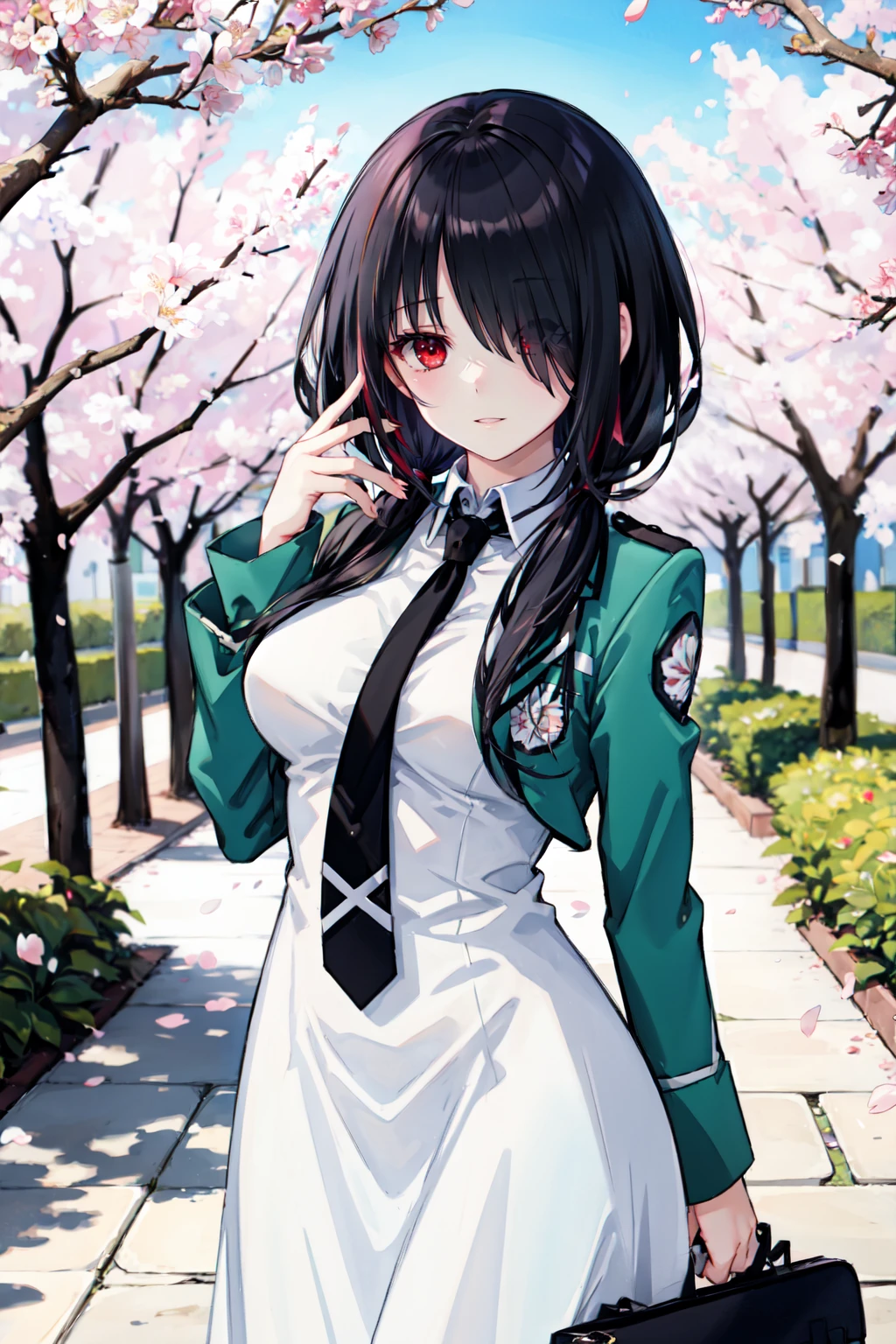 <lora:ç´°ç¯-ç¹é度:0.5>, masterpiece,best quality,highres,ultra-detailed,(facing_viewer:1.1), cowboy_shot, solo, 1girl, medium_breasts, outdoors, garden, cherry blossom trees,magic_high_school_uniform,white dress,jacket,green jacket,black necktie, <lora:Testing_magic_high_school_uniform-58:0.5>, bbkurumi, long hair, low twintails, (red eye:1.2), hair over one eye, <lora:Character_ç´æå¤§ä½æ°-æå´çä¸:0.8>