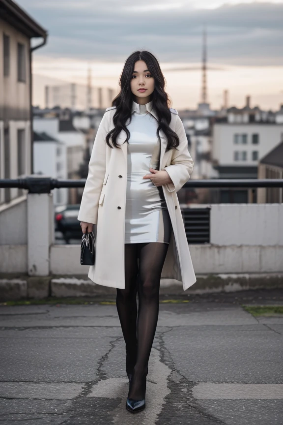 realistic, masterpiece, high detailed skin, looking at viewer, full body shot, scenic view, long hair, black hair
<lora:Latex_ Dress_Overcoat_By_Stable_Yogi:0.8> latex short black dress, pantyhose, white oversized coat