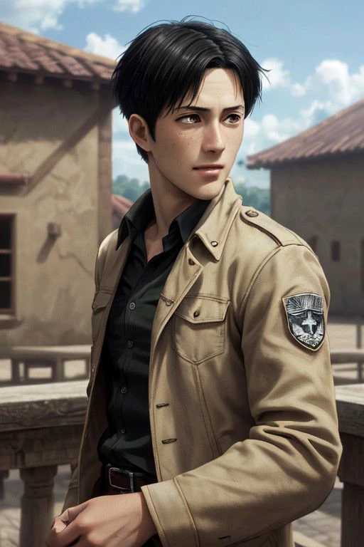 Marco Bott, Attack on Titan anime style, (human male), (boy, manly face:1.4), boyish, oblong face shape, (short hair:1.2) (black hair, straight hair, center-parted short hair, very short curtained hair:1.2), (bare forehead:1.2), (light brown eyes, normal size eyes), slight freckles, wearing pure white collared shirt, tan jacket, handsome, charming, alluring, friendly, smile, (standing), (upper body in frame), green plains location, cloudy blue sky, perfect light, perfect anatomy, perfect proportions, perfect perspective, 8k, HQ, (best quality:1.5, hyperrealistic:1.5, photorealistic:1.4, madly detailed CG unity 8k wallpaper:1.5, masterpiece:1.3, madly detailed photo:1.2), (hyper-realistic lifelike texture:1.4, realistic eyes:1.2), picture-perfect face, perfect eye pupil, detailed eyes, realistic, HD, UHD, front view, (portrait), face focus, looking outside frame