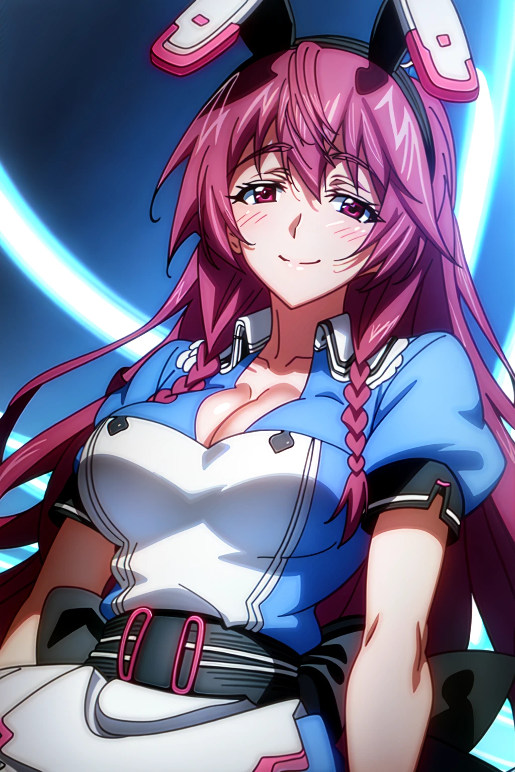 (extremely detailed CG unity 4k wallpaper),(masterpiece),(best quality),(ultra-detailed),(best illustration),(best shadow),(absurdres),(detailed background), <lora:OGT_Tabane_Shinonono-v1:1> Tabane Shinonono, 1girl, breasts, solo, long hair, purple hair, animal ears, v, smile, rabbit ears, cleavage, braid, large breasts, purple eyes, looking at viewer, wrist cuffs, day, outdoors