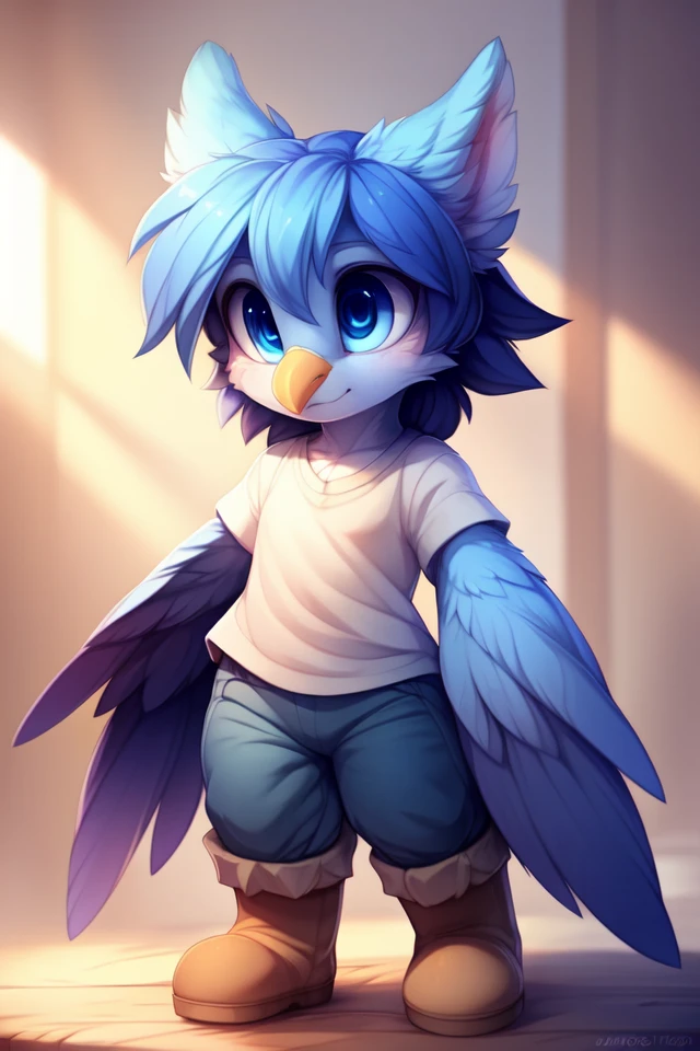 <lora:Martlet:0.7> marlet, bird, blue feathers, brown boots, blue pants, wing arms, blue eyes, shirt, masterpiece, high detail, chibi, cute, hard light, cartoon, bright, volumetric light
uploaded on e621, by Castitas, by Makoto Shinkai, by Yakovlev