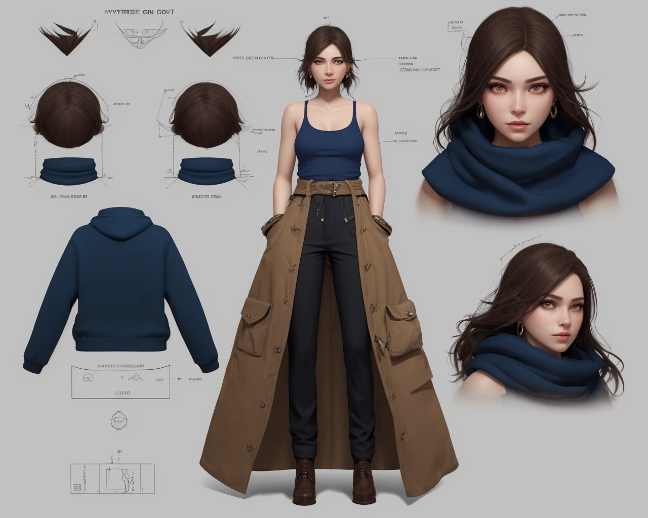 <lora:Blueprint_last:2>, Character Design Sheet, , character reference sheet, character turn around, 1girl, Loose-fitting Tank Top: A loose-fitting tank top that provides a more comfortable feel and is suitable for casual wear. Wool Trousers , Formal or cold-weather pants made of wool for warmth. (duffle is a coarse, thick woolen material), Camel or navy, often with toggle fastenings. breasts,  narrow waist, Mohawk with Fiber Optic Spikes - Electric Blue    , fantastic details full face, dot nose,detailed Glowing eyes, violet iris with stars, straight eyebrows, deep purple beautiful Detailed Eyes,    lips, extremely detailed eyes, fantastic details full face, mouth, trending on artstation, pixiv, cgsociety, hyperdetailed Unreal Engine 4k 8k ultra HD,, (masterpiece), (best quality), (ultra-detailed),, illustration, disheveled hair, detailed eyes, perfect composition, moist skin, intricate details, earrings, by wlop
