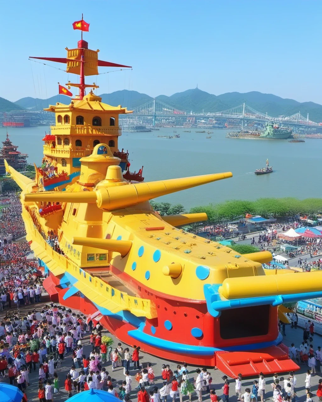 battleship, flying, Spring Festival, dragon, Tourists <lora:BATTLESHIP:0.7>