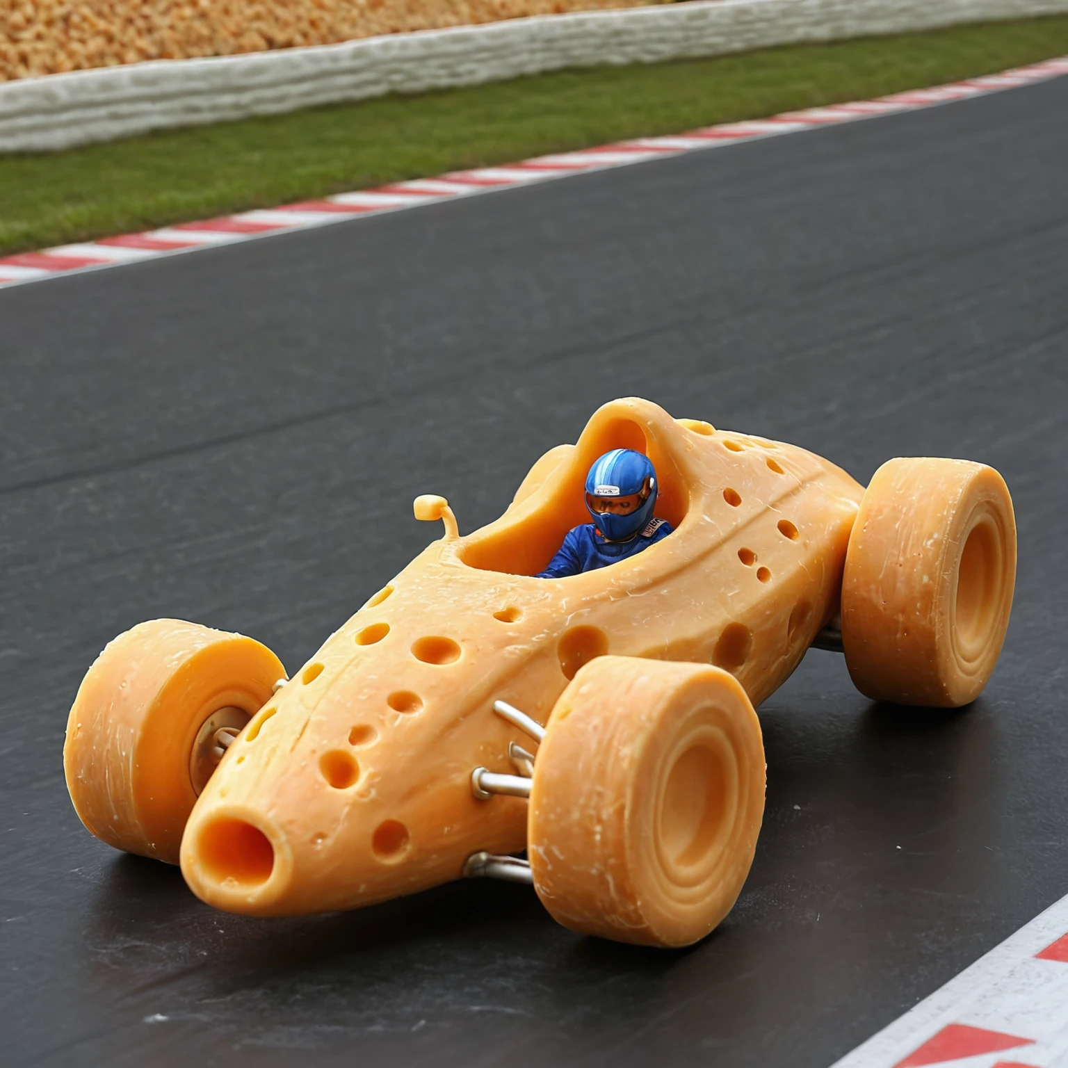 a man sitting in a cheese sculpture of a racing car made from cheddar cheese on a race track, cheese wheels
 <lora:cheese-style-sdxl-v1:1>