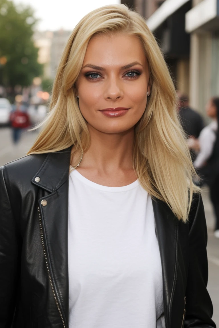 mndngwmn <lora:mondongo_LoRA_JaimePressly:1>, blond hair, wearing a leather jacket, on the street