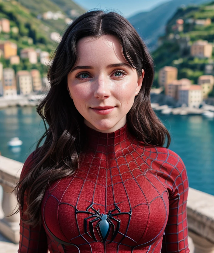 <s3ef0x>,girl, Nature, outdoor, bloom, spring, spectacular light, porto venere Italy, breast, detailed eyes, seductive pose , smile, Spiderman dress, Turtleneck ((close portrait photo))