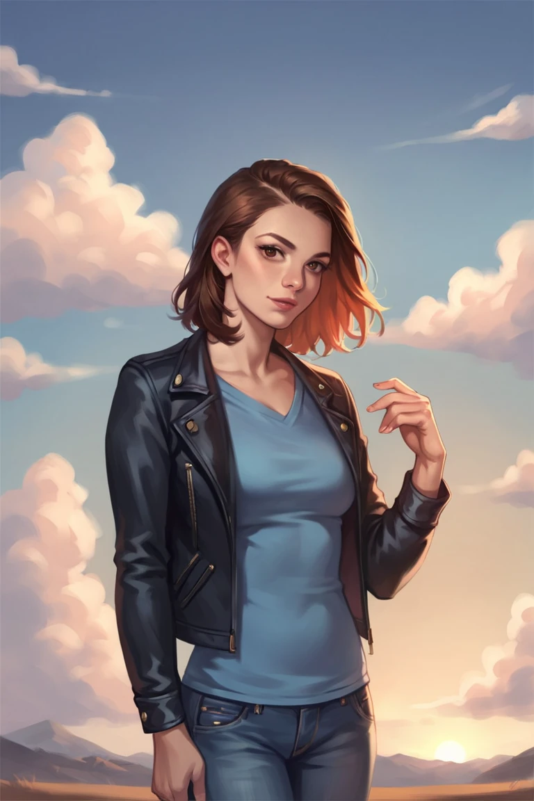 score_9, score_8_up, score_7_up, score_6_up, score_5_up, score_4_up, rating_safe, 1girl, solo, denim, brown hair, jacket, shirt, outdoors, pants, looking at viewer, jeans, lips, realistic, cloud, jewelry, blue shirt, medium hair, long sleeves, cloudy sky, brown eyes, sky, open clothes <lora:Smooth Anime Style LoRA XL:1>
