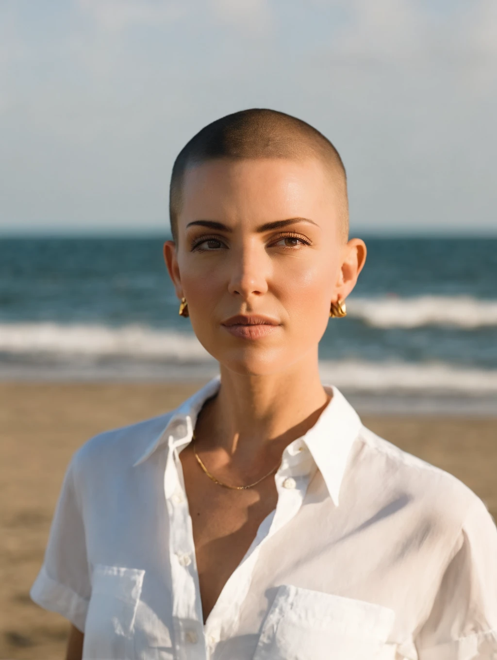 woman<lora:A_SHort_Cut_v3_SDXL:1>short hair, buzz cut, brown hair, hazelnut eyes, on the beach, white shirt, sunny day