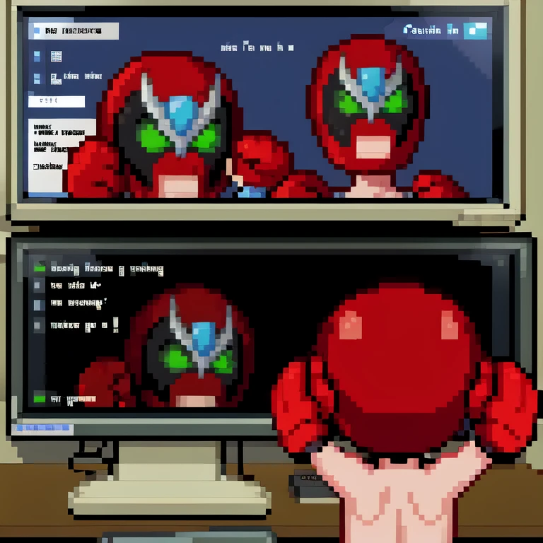 strongbademail, monitor with text, strongbad reflection, back of head, boxing gloves  <lora:Strongbad-000012:1>