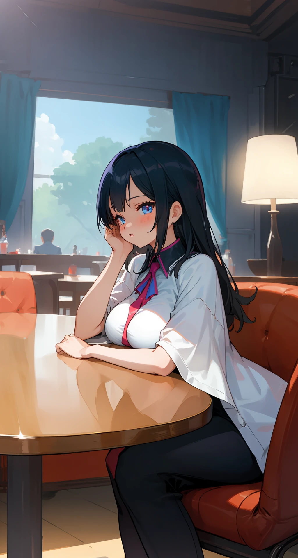 ((((ultra illustrated style:1.0)))),best quality,best animated,masterpiece,ray tracing, global illumination,breast rest, breasts on table, 1girl, solo, sitting, table, 
  <lora:breast rest,breasts on table,full body-000006:0.6>