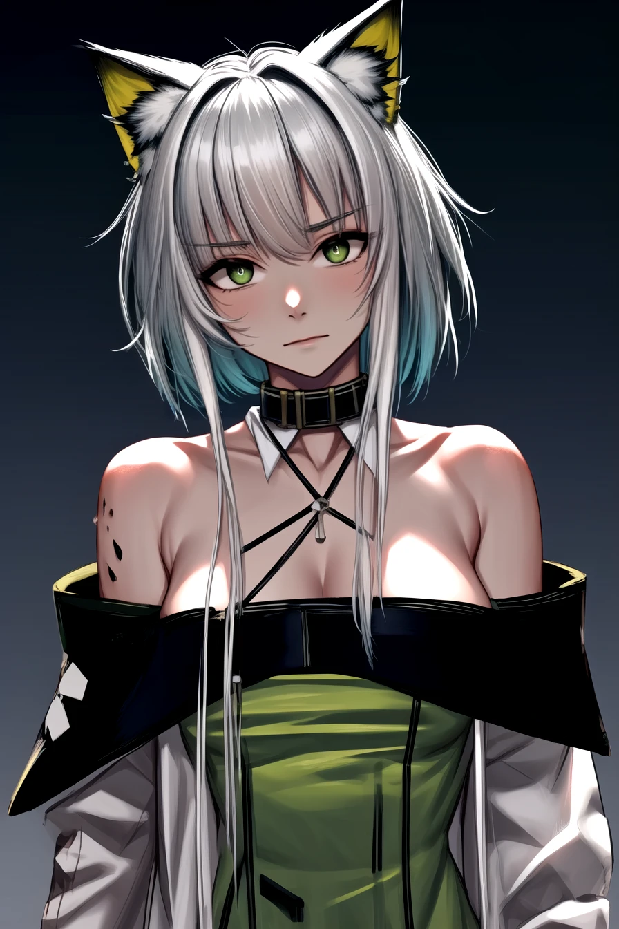 1girl, kal'tsit (arknights), ((sad)), animal ears, solo, oripathy lesion (arknights), breasts, green eyes, green dress, looking at viewer, cat ears, large breasts, animal ear fluff, bare shoulders, short hair, bangs, off-shoulder dress, green hair, off shoulder, long sleeves, white hair, detached collar, upper body, closed mouth, collar, collarbone, detached sleeves, choker, halterneck, see-through, criss-cross halter, see-through sleeves, wristwatch, medium hair, cowboy shot
((masterpiece)), very deep eyes, (cinematic lighting), detailed eyes, best quality, (Hyper-Detailed Background:1.2), Messy Hair, (Mature Face:1.4), (beautiful face:1.15), highres, trending on artstation