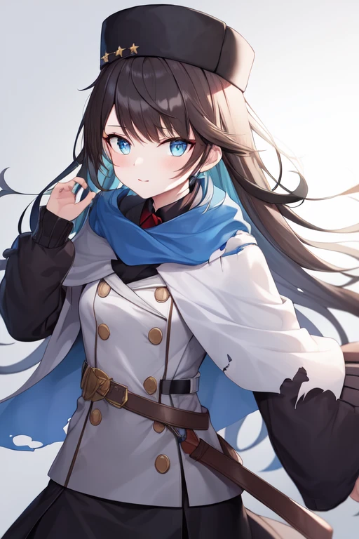 russian dress, white jacket, shawl, black hair, white scarf, blue shawl, belt, blue eyes, red shirt, white headwear, torn scarf