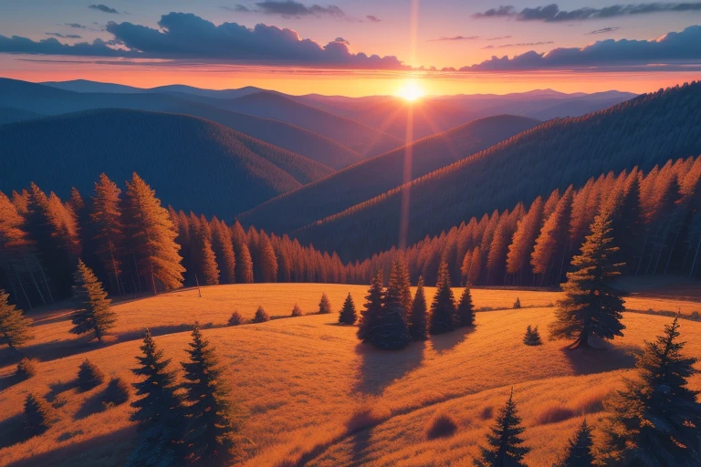 masterpiece, highest quality, highest quality visuals, highest details, landscape, sunset, forest, mountains, expansive view<lora:LCM_SD15_2MB:1.0>