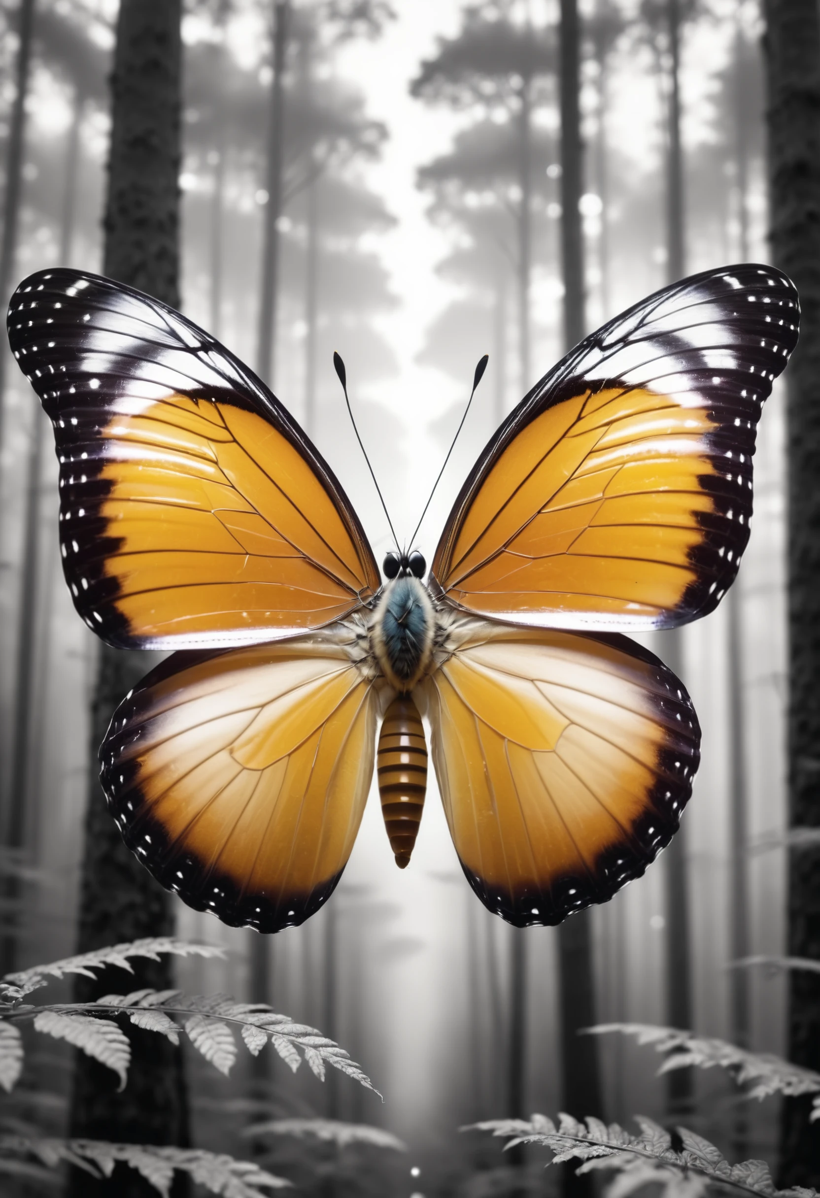 a butterfly made of dvr-honey flying in a [:(b&w, monochrome:2.0):1] forest, 35mm
<lora:HoneyStyleV2:0.8>
